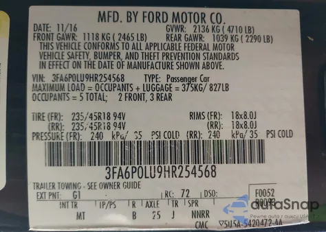 2017 Ford Fusion Hybrid Se из США, поврежденный, VIN 3FA6P0LU9HR254568
